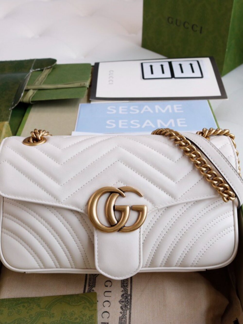 Gucci GG Marmont Shoulder Bag Gold Hardware White Matelassé Leather 22